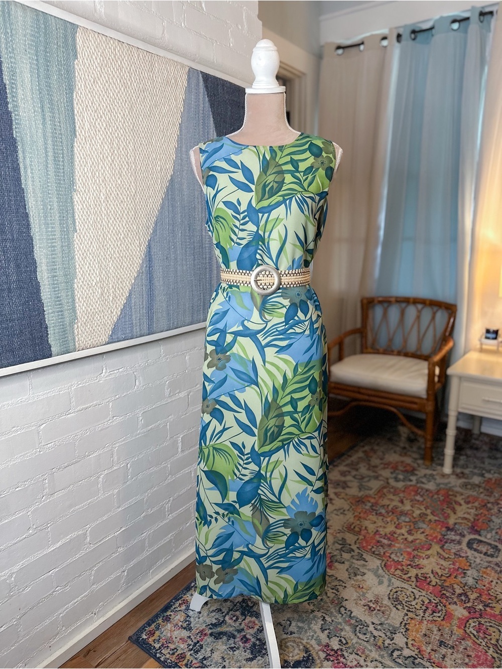 Style & Co Collection Petite Green & Blue Maxi Shift Dress with Side Slits